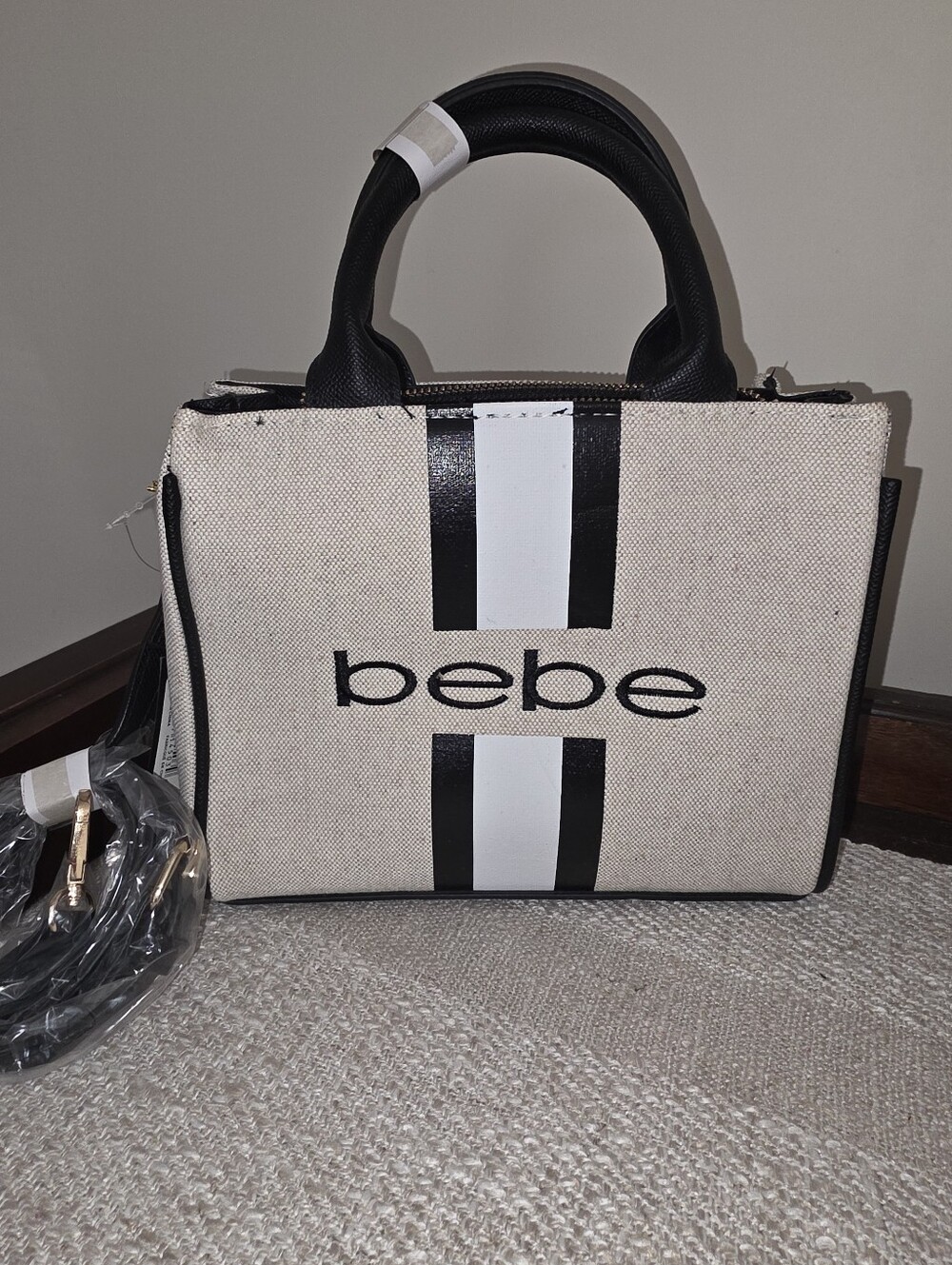 NWT Bebe Paisley MINI Beige and Black Canvas Satchel with Stripe Logo